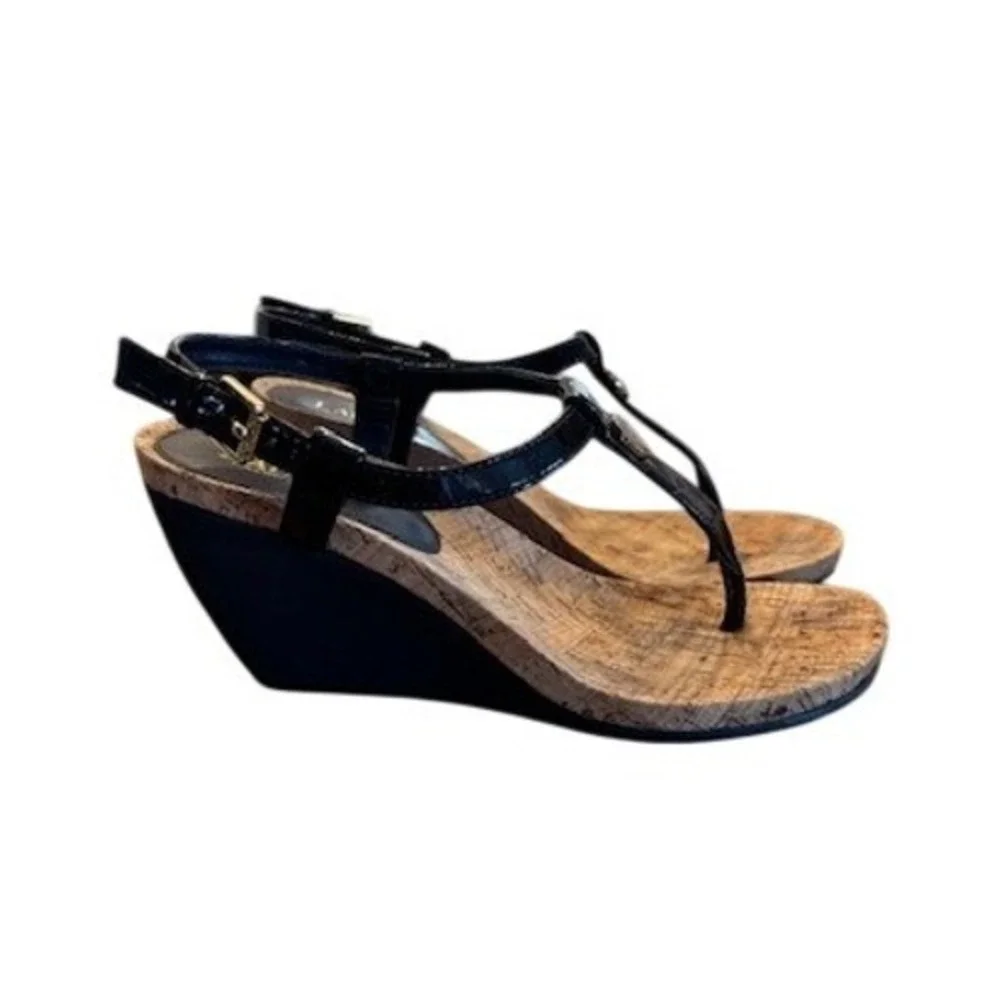 Lauren Ralph Lauren Size 8.5 Black Patent T-Strap Cork‎ Wedge Sandals Shoes